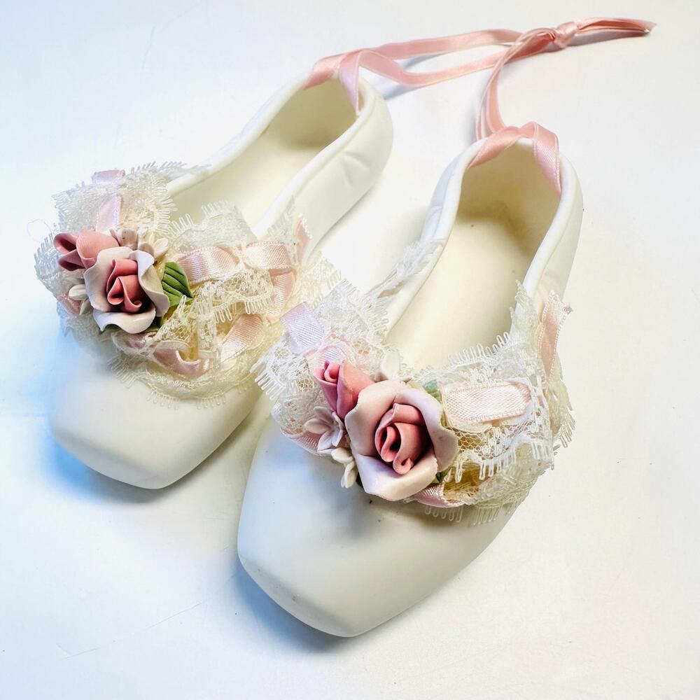 Vintage Enesco Porcelain Bisque White Ballerina Slippers Pink Roses and Ribbon